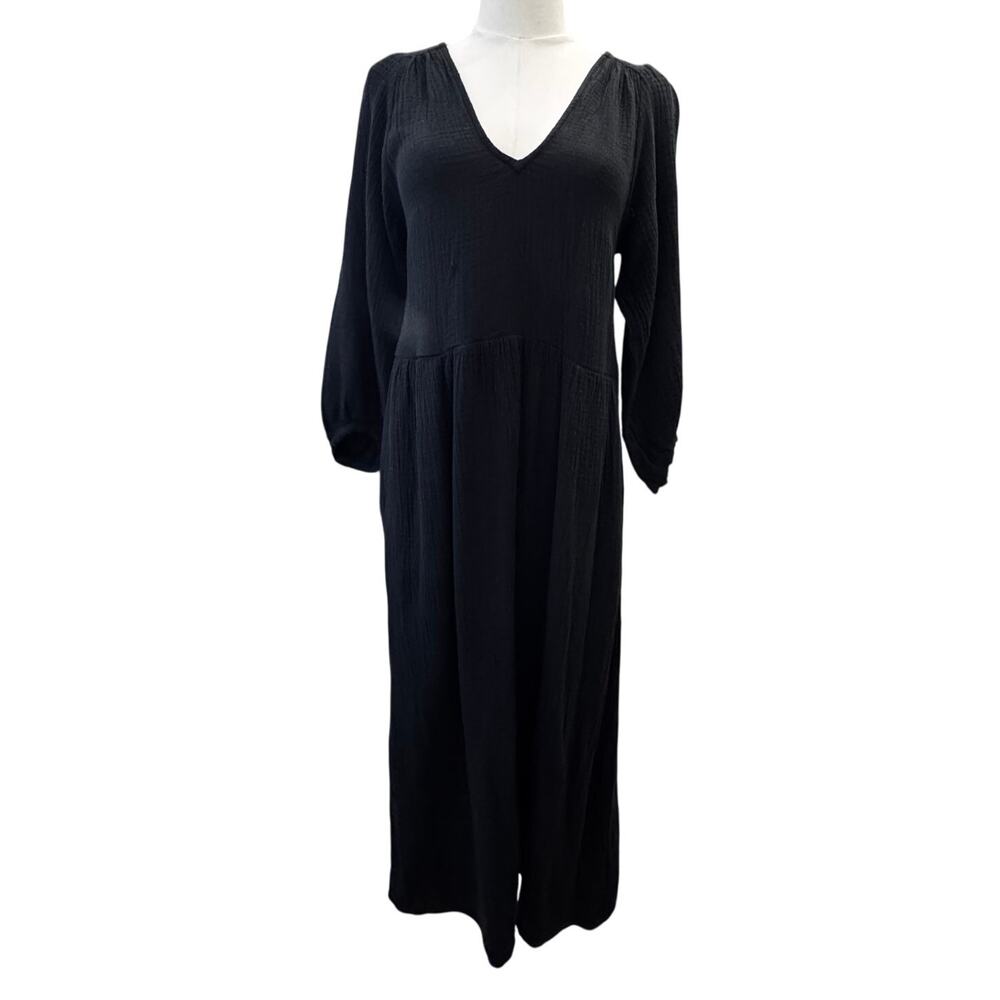 MADEWELL Women's Black V Neck Puff Sleeves Cotton Smocked Midi Dress Size XS - Picture 2 of 10